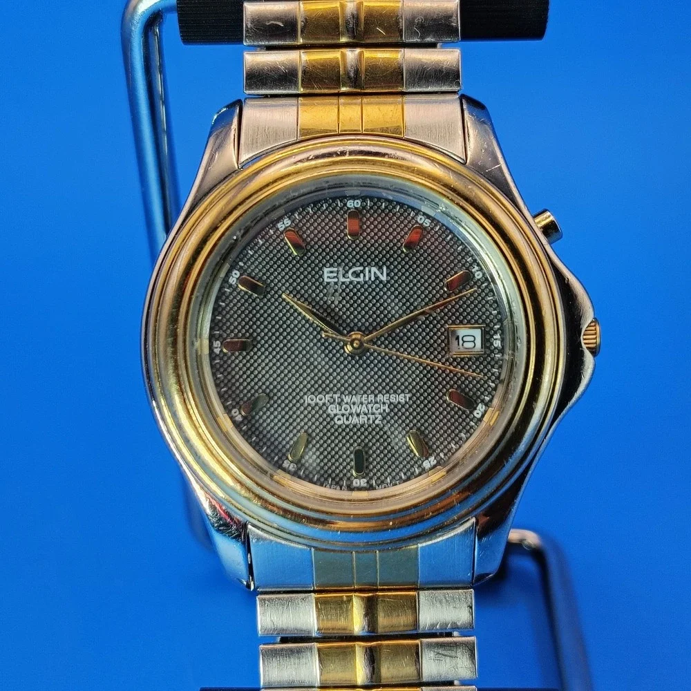 Vintage 1996 Elgin Glowatch Date Two Tone 32mm Mens Quartz Dress Watch Restored